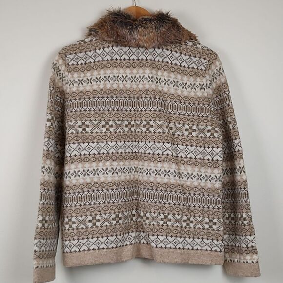 Susan Bristol Fair Isle Full Zip Faux Fur Collar Sweater Jacket Wool Size M - Picture 8 of 10